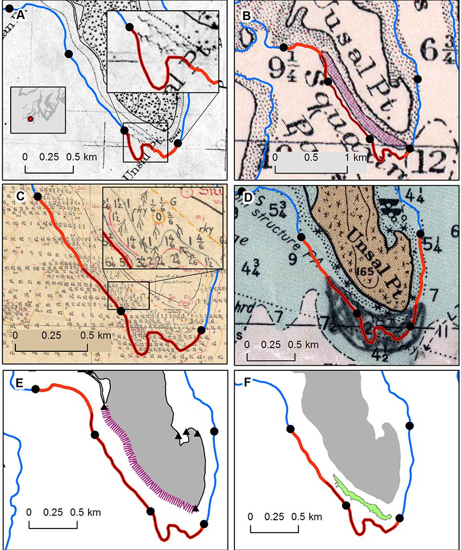 A collage of the historical data sources used to determine the loss of kelp population extent in Puget Sound. The graphic shows several maps that depict the southern tip of Squaxin Island. 