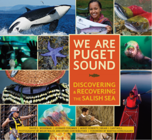 Graphic of the cover for the We Are Puget Sound book, which features a collage of photos from around Puget Sound, including people and wildlife.