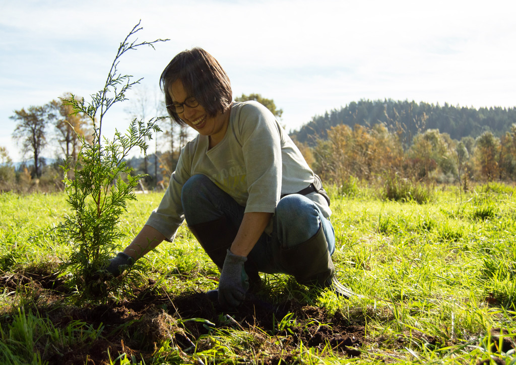 A smiling volunteer plants a conifer in the ground at South Prairie Creek Preserve