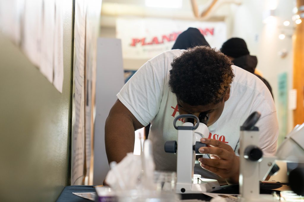 A student looks at plankton through a microscope at the plankton exhibit at the MaST Center Aquarium. Photo credit: Wes Koseki.