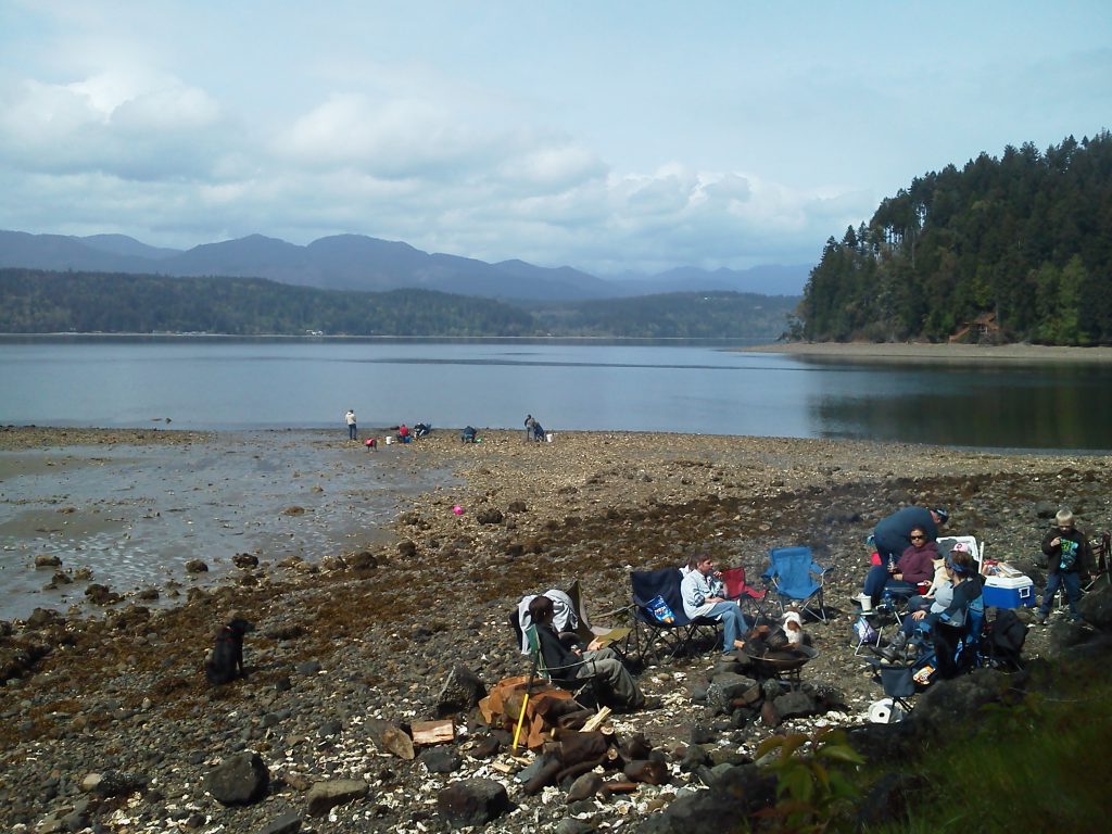 A photo of people clustered around a fire on the beach near Dewatto, sitting in camp chairs and talking to each other. In the distance, a group of people dig for shellfish closer to the water.