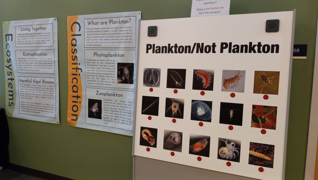 Photo of part of the setup for the plankton exhibit, showing information signs about ecosystems and the classification of plankton, and an exhibit board where visitors can choose whether a given microscopic organism is plankton or not, via red button.
