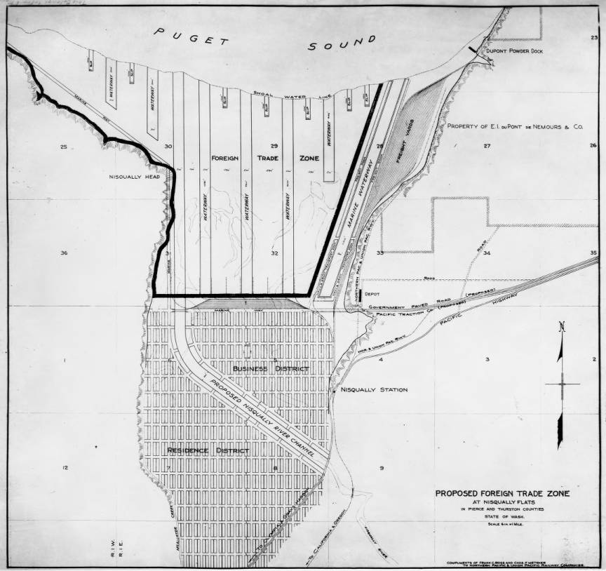 Drawing of the ports' proposal to turn Nisqually River delta into a deepwater port. This proposal is from circa 1940, and shows the plans included a number of deep waterways in the river delta and the construction of a freight area, a business district, a residence district, and other infrastructure.