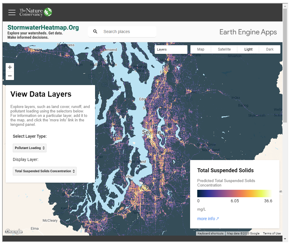 Screenshot of the Nature Conservancy's Stormwater Heatmap, which shows land cover, runoff, and pollutant loading throughout the Puget Sound region.