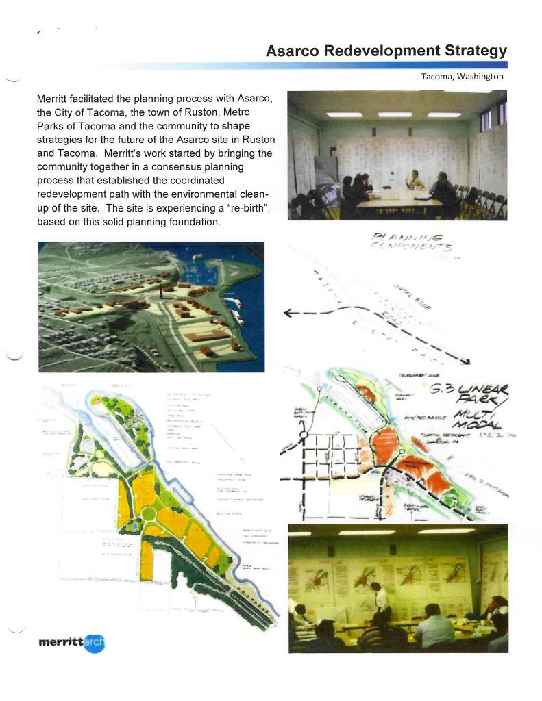 A collage of photos and drawings from the ASARCO redevelopment process. A couple photos show the group meetings that produced the vision for the redevelopment of the ASARCO smelter site.