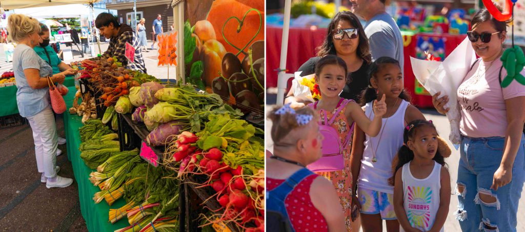 Photo collage of two photos: on the left, a photo of people looking at produce piled up on a table at the Tacoma Farmers Market, and on the right, a photo of a family chatting with a face-painter at the Tacoma Farmers Market. Photos by Tim Rue.