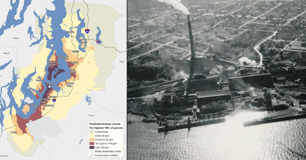 Map of arsenic pollution across Puget Sound paired with a aerial view of the Asarco smokestack on Ruston Way.