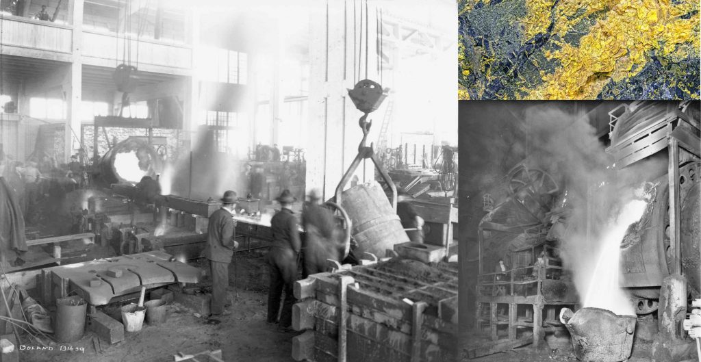 Photo collage that shows workers pouring ore at the ASARCO smelter, and also shows a photo of arsenic running through precious metal ore.